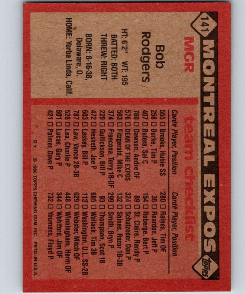 1986 Topps #171 Bob Rodgers Expos UER MLB Baseball