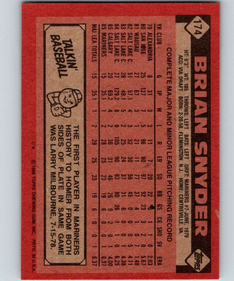 1986 Topps #174 Brian Snyder Mariners MLB Baseball Image 2
