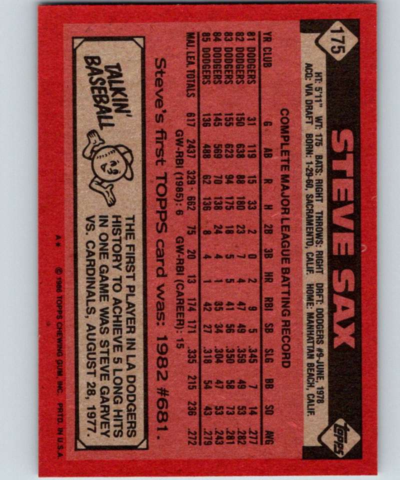 1986 Topps #175 Steve Sax Dodgers MLB Baseball