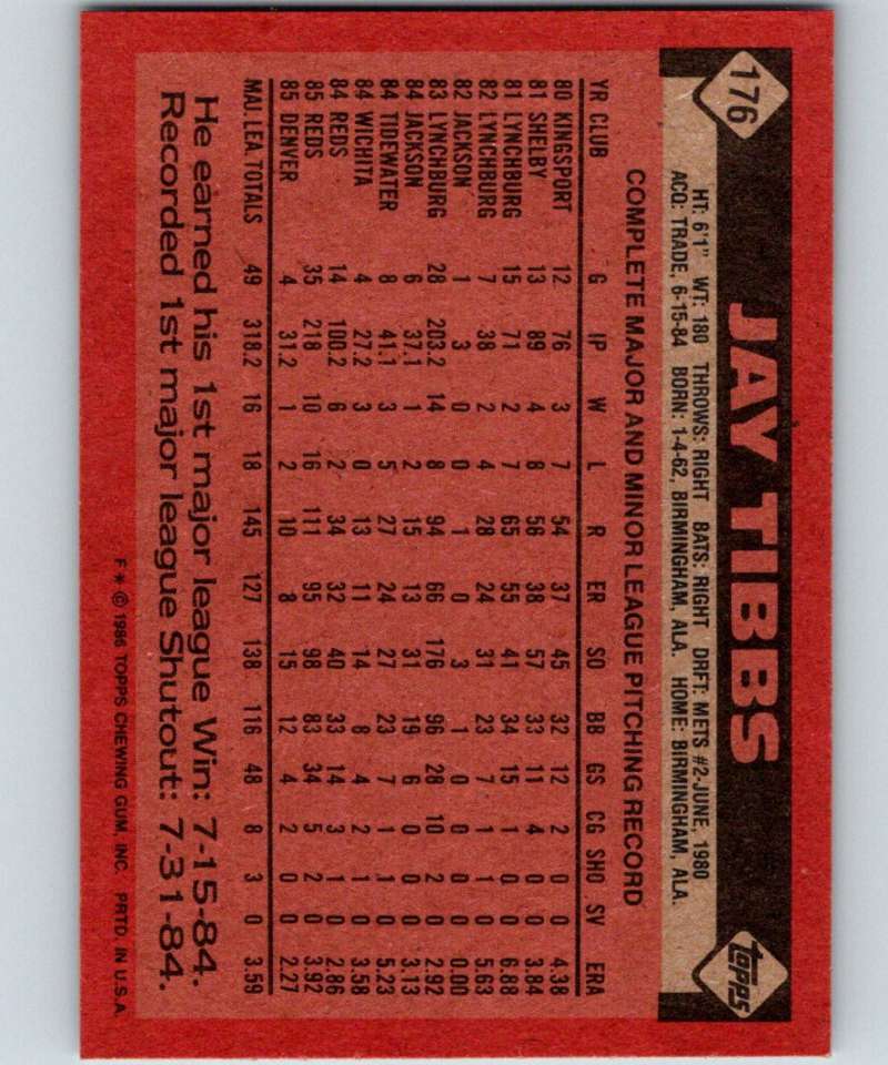1986 Topps #176 Jay Tibbs Reds MLB Baseball Image 2