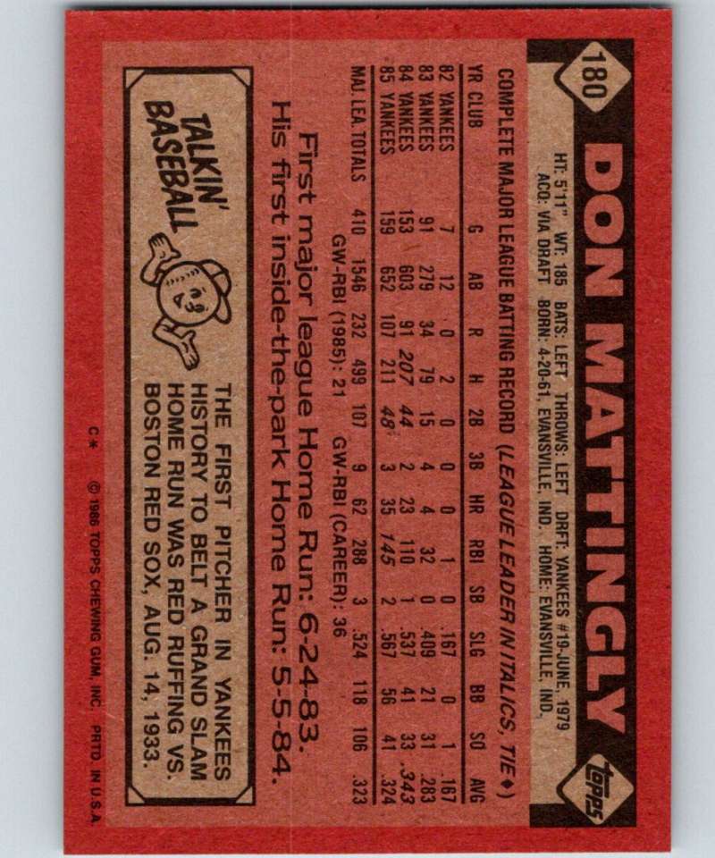 1986 Topps #180 Don Mattingly Yankees MLB Baseball