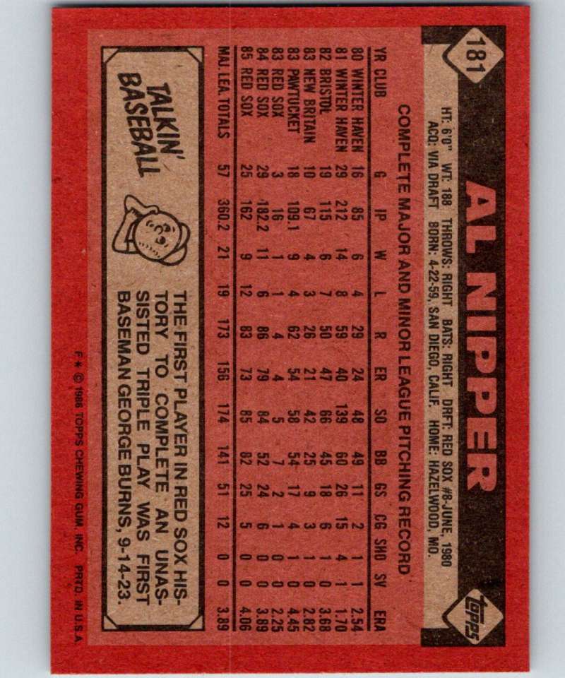 1986 Topps #181 Al Nipper Red Sox MLB Baseball Image 2