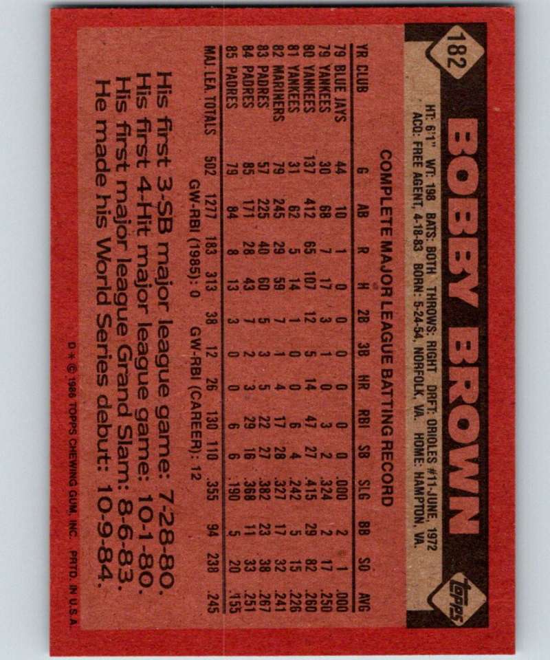 1986 Topps #182 Bobby Brown Padres MLB Baseball Image 2
