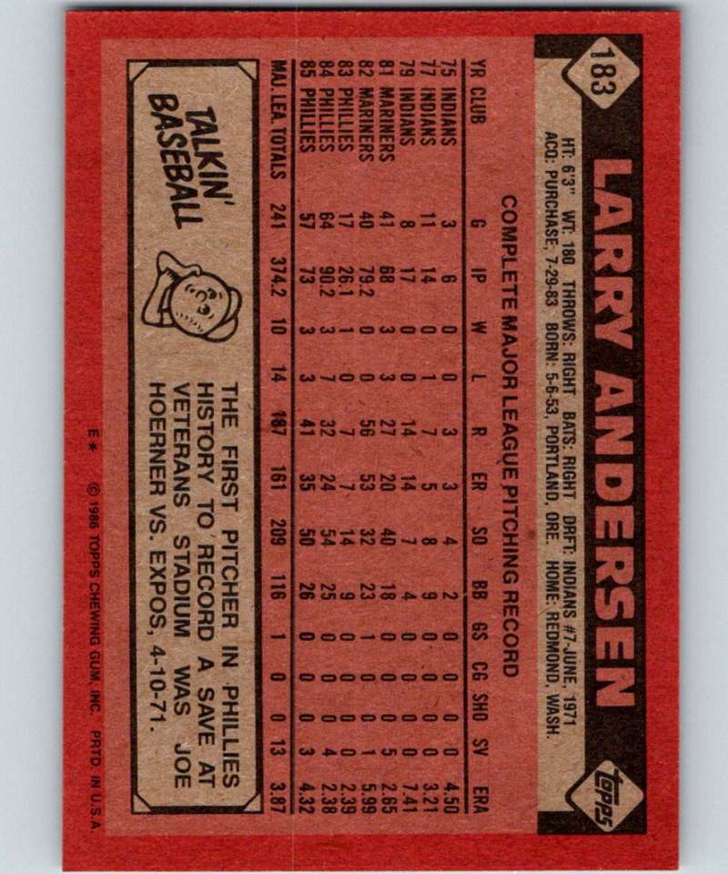 1986 Topps #183 Larry Andersen Phillies MLB Baseball Image 2