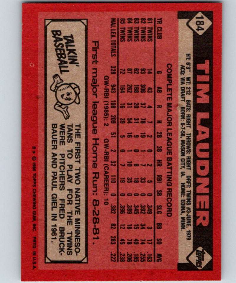 1986 Topps #184 Tim Laudner Twins MLB Baseball Image 2