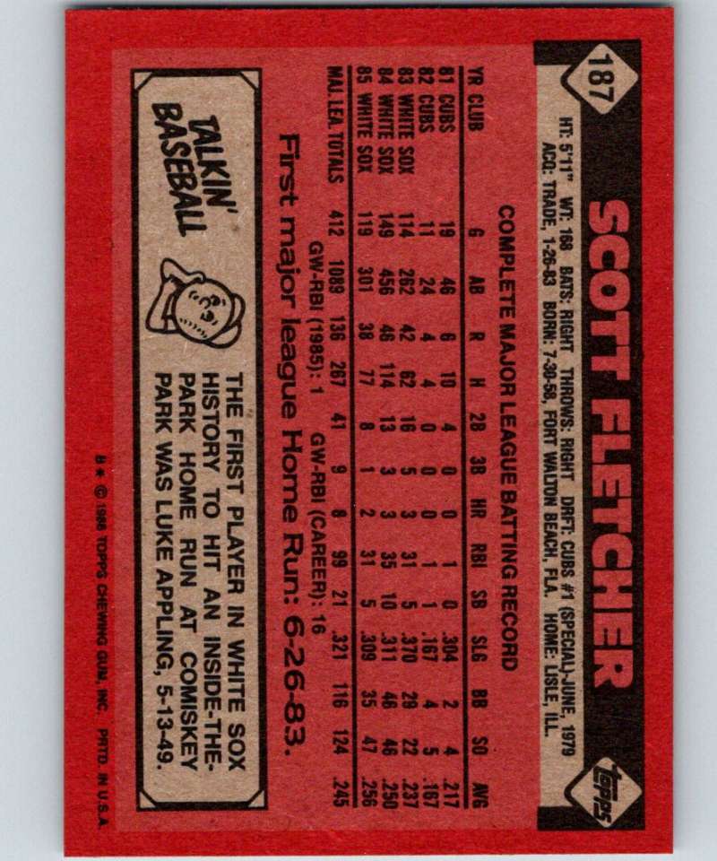 1986 Topps #187 Scott Fletcher White Sox MLB Baseball Image 2