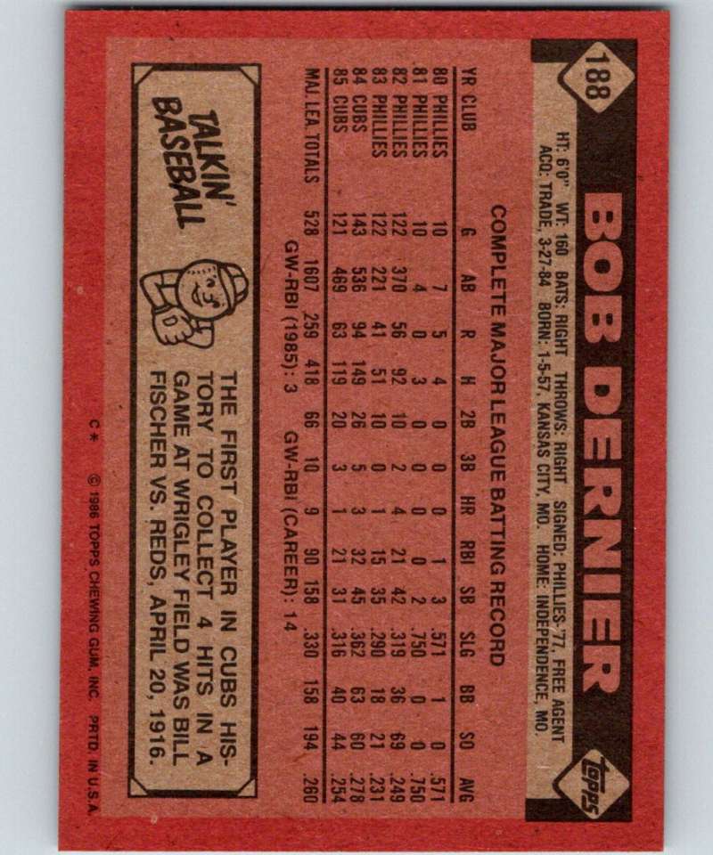 1986 Topps #188 Bob Dernier Cubs MLB Baseball Image 2