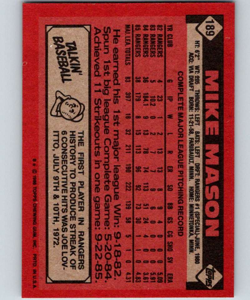 1986 Topps #189 Mike Mason Rangers MLB Baseball Image 2