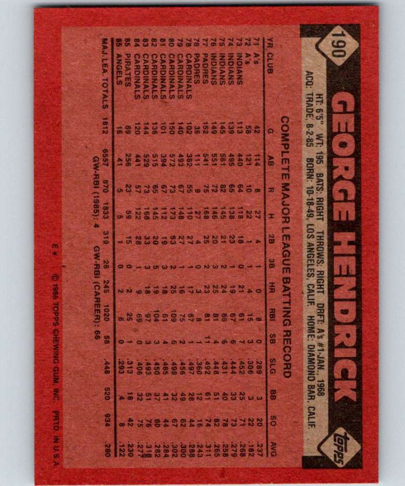 1986 Topps #190 George Hendrick Angels MLB Baseball Image 2