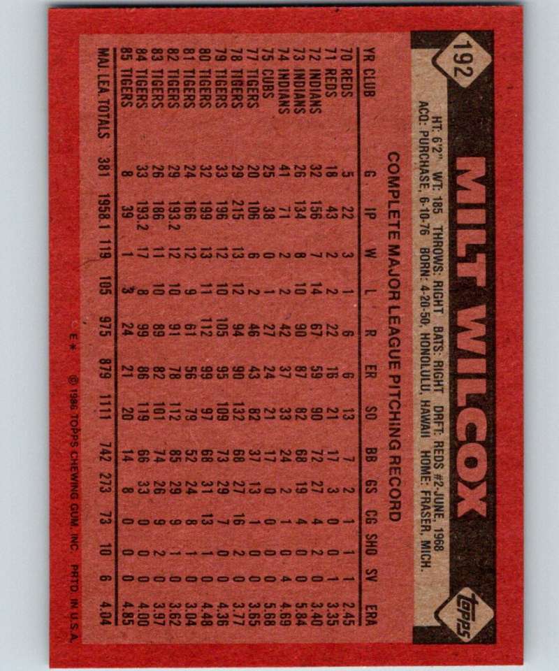 1986 Topps #192 Milt Wilcox Tigers MLB Baseball
