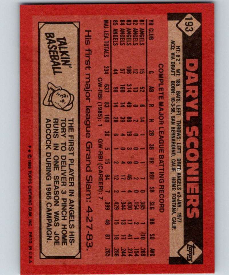 1986 Topps #193 Daryl Sconiers Angels MLB Baseball Image 2