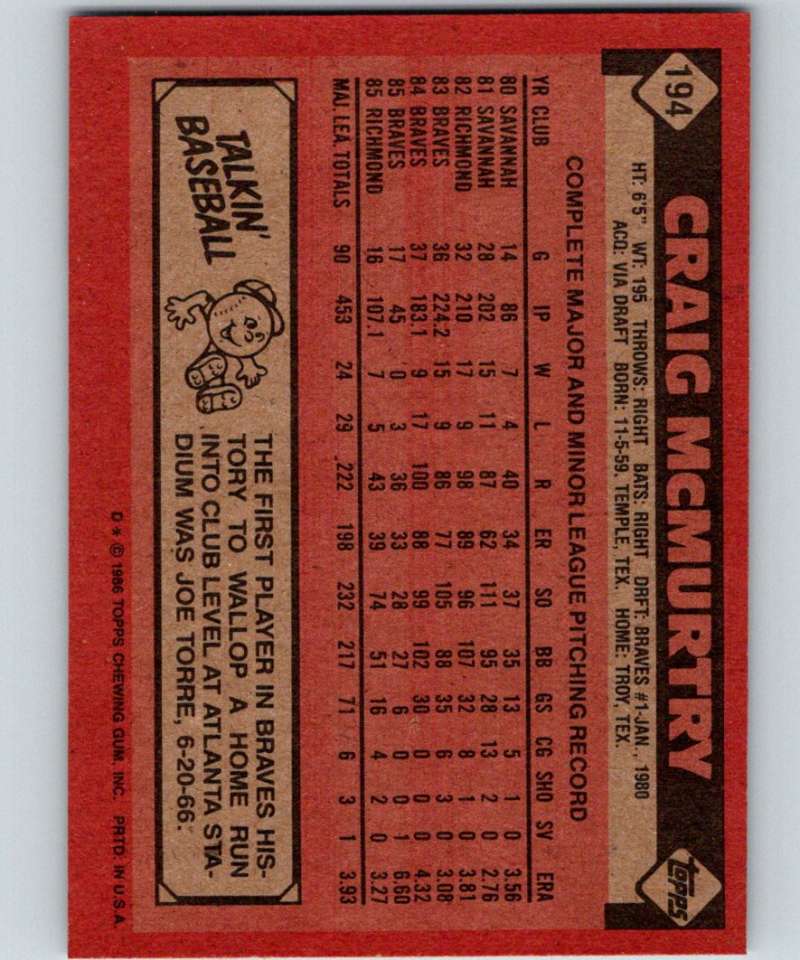 1986 Topps #194 Craig McMurtry Braves MLB Baseball Image 2