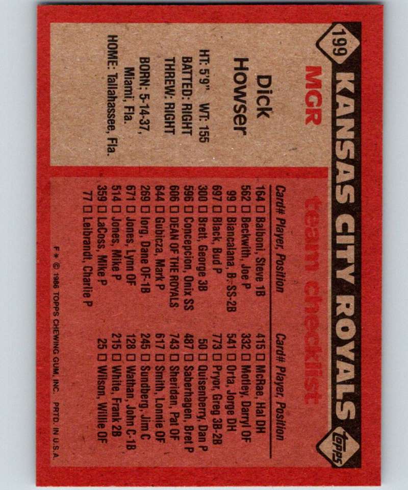 1986 Topps #199 Dick Howser Royals MG MLB Baseball Image 2