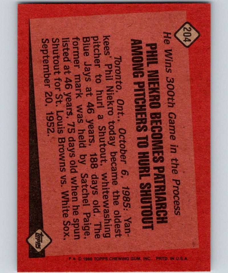 1986 Topps #204 Phil Niekro Yankees RB MLB Baseball Image 2