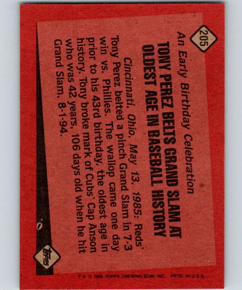 1986 Topps #205 Tony Perez Reds RB MLB Baseball Image 2