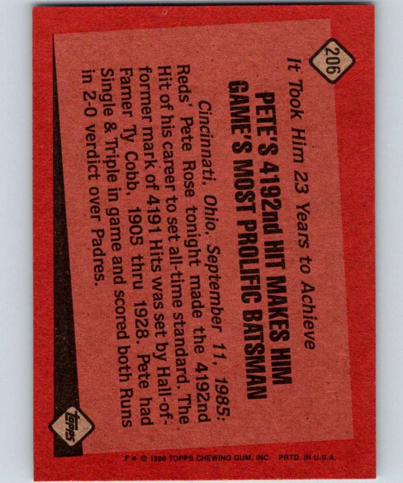 1986 Topps #206 Pete Rose Reds RB MLB Baseball