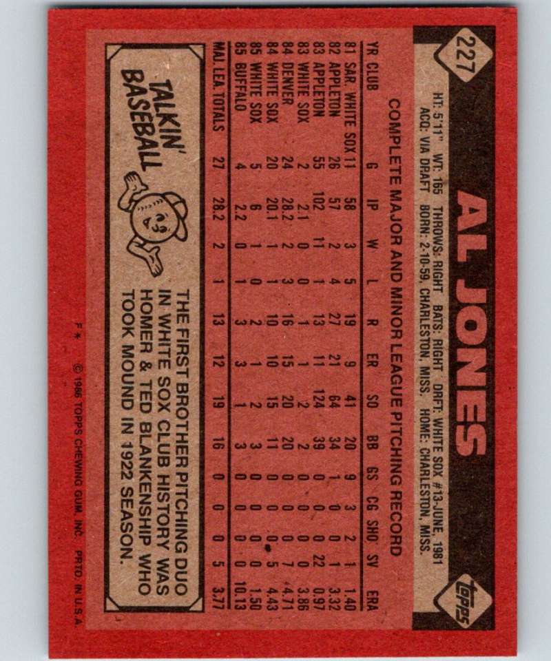 1986 Topps #227 Al Jones White Sox MLB Baseball Image 2