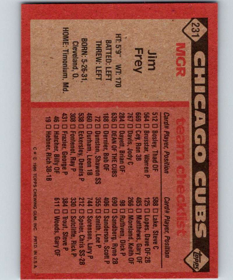 1986 Topps #231 Jim Frey Cubs MG MLB Baseball