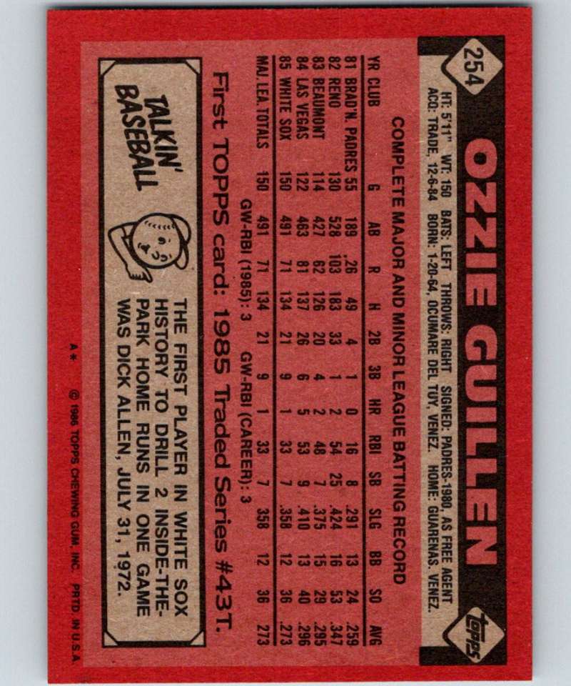 1986 Topps #254 Ozzie Guillen RC Rookie White Sox MLB Baseball Image 2