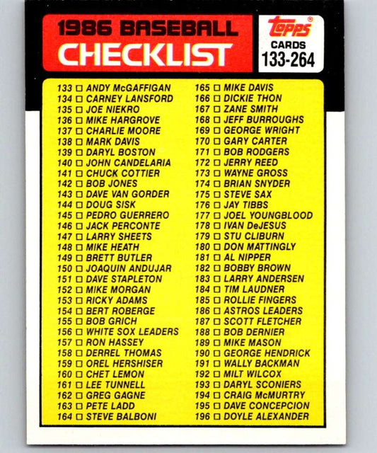 1986 Topps #263 Checklist 133-264 MLB Baseball Image 1