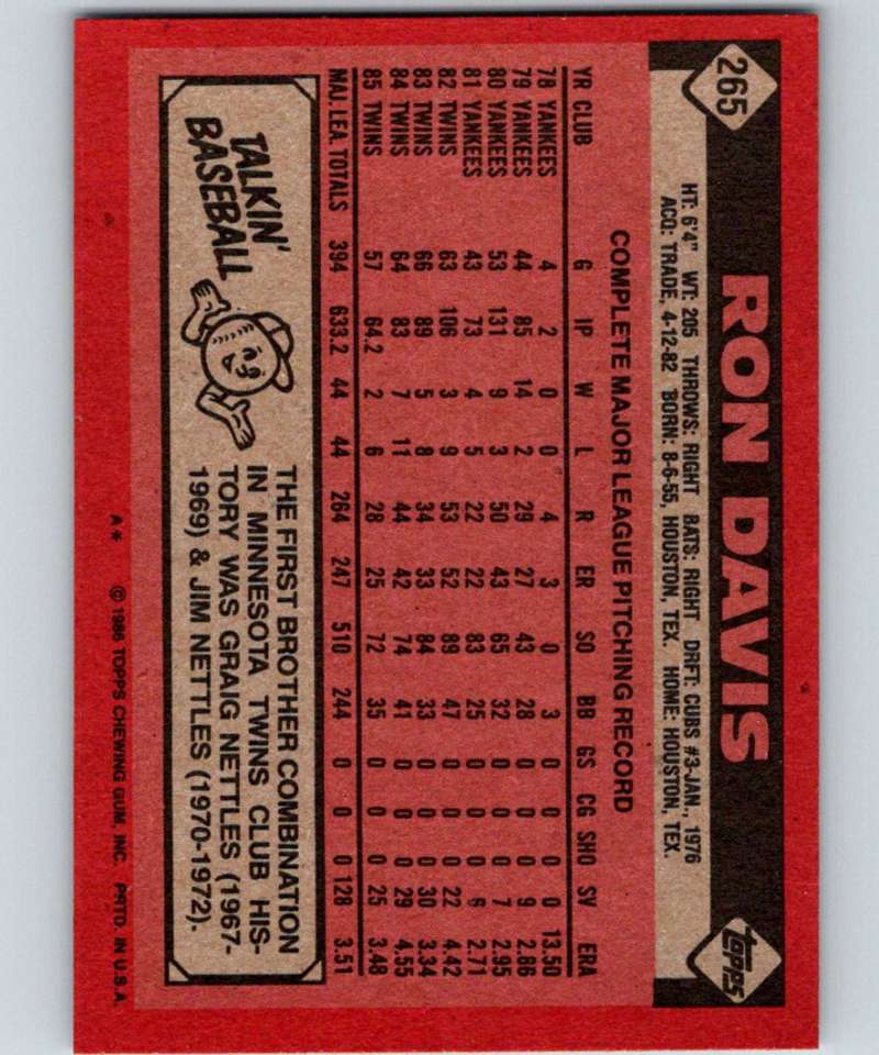 1986 Topps #265 Ron Davis Twins MLB Baseball Image 2