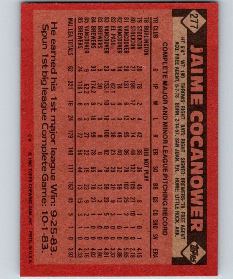 1986 Topps #277 Jaime Cocanower Brewers MLB Baseball Image 2