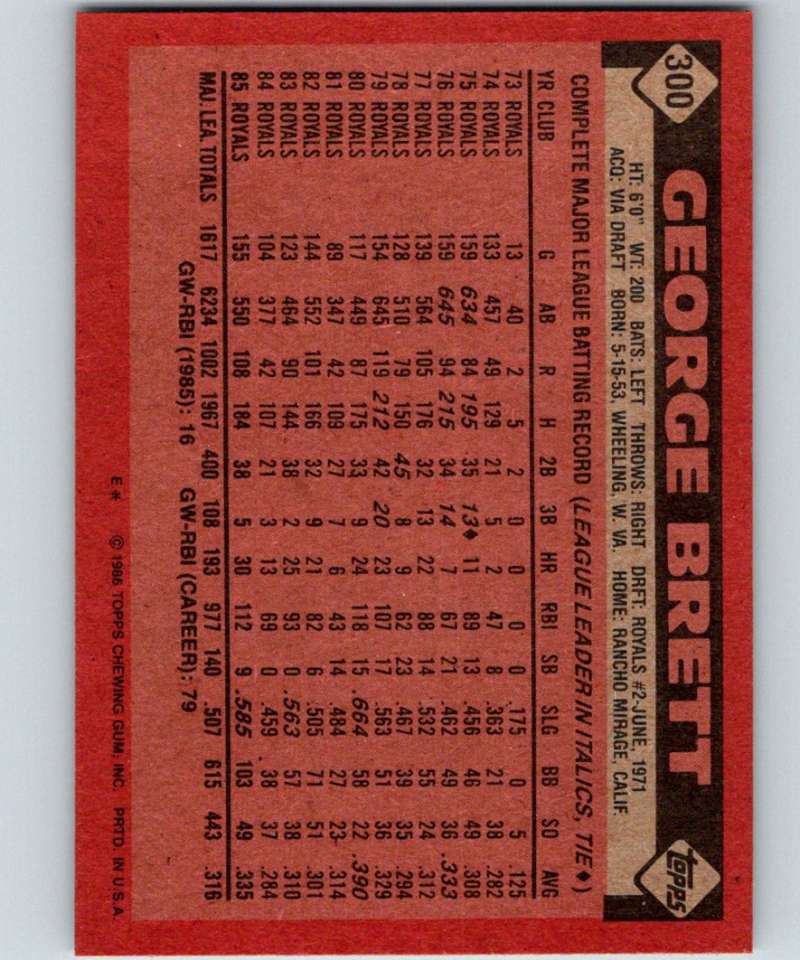 1986 Topps #300 George Brett Royals MLB Baseball