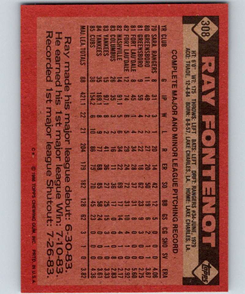 1986 Topps #308 Ray Fontenot Cubs MLB Baseball Image 2