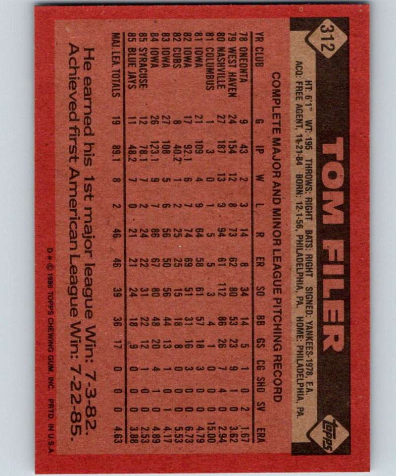 1986 Topps #312 Tom Filer Blue Jays MLB Baseball Image 2