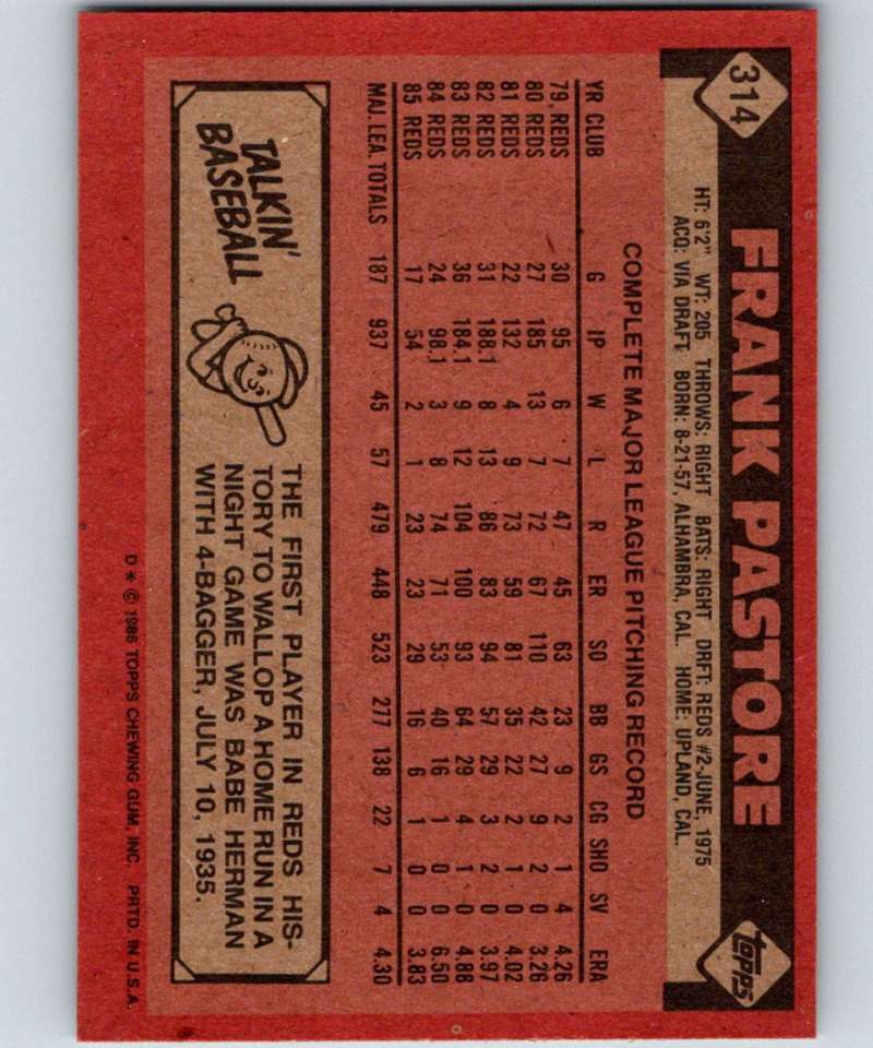 1986 Topps #314 Frank Pastore Reds MLB Baseball Image 2