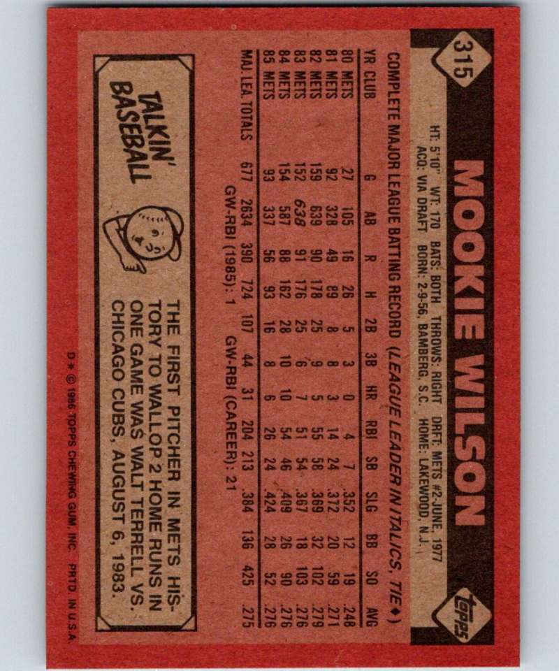 1986 Topps #315 Mookie Wilson Mets MLB Baseball