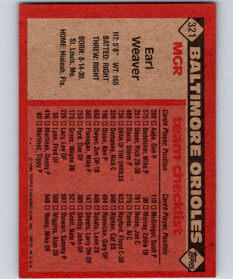 1986 Topps #321 Earl Weaver Orioles MG MLB Baseball Image 2