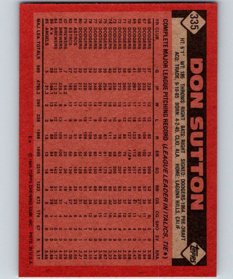 1986 Topps #335 Don Sutton Angels MLB Baseball