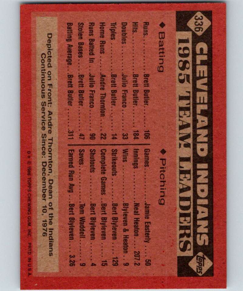 1986 Topps #336 Andre Thornton Indians Indians Leaders MLB Baseball Image 2