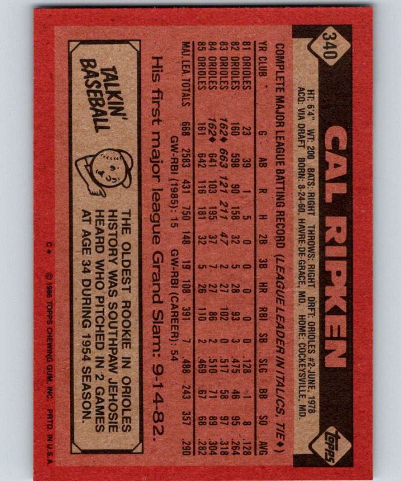 1986 Topps #340 Cal Ripken Jr. Orioles MLB Baseball