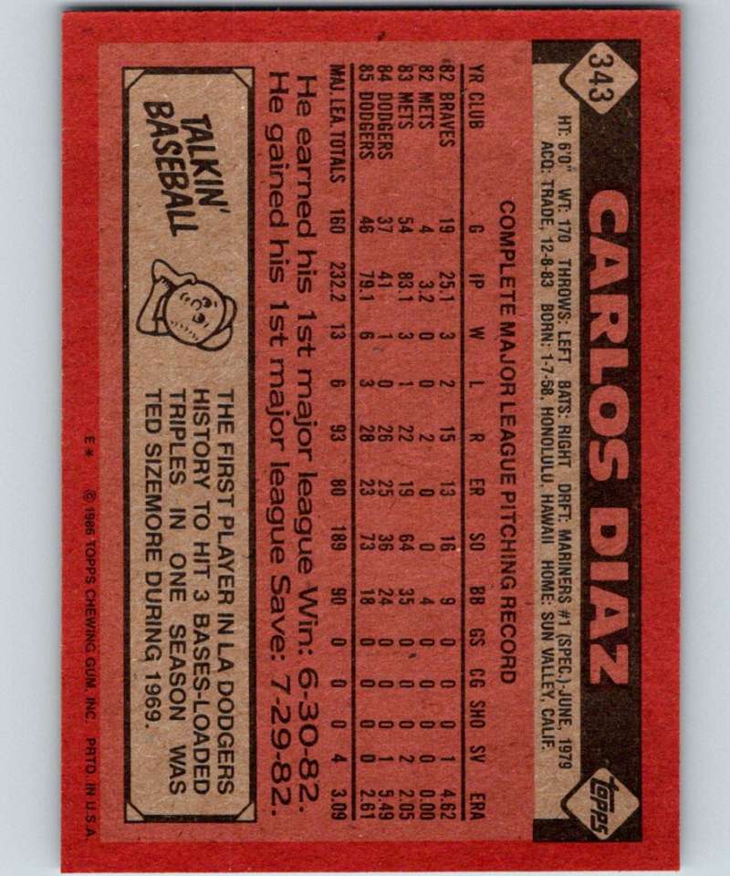 1986 Topps #343 Carlos Diaz Dodgers MLB Baseball