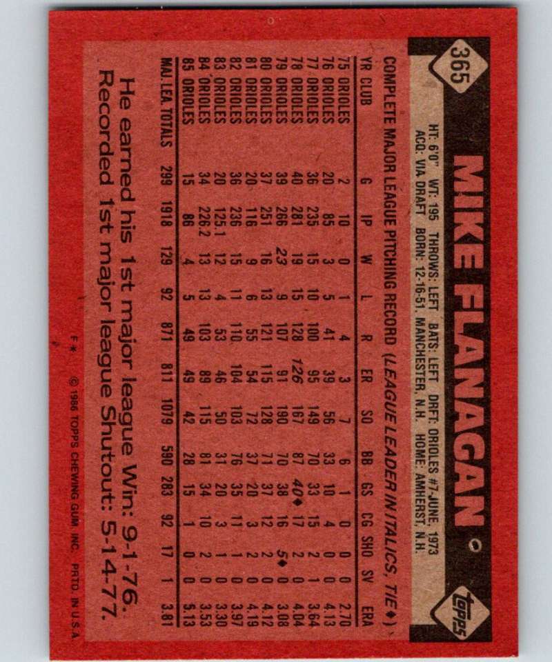 1986 Topps #365 Mike Flanagan Orioles MLB Baseball Image 2