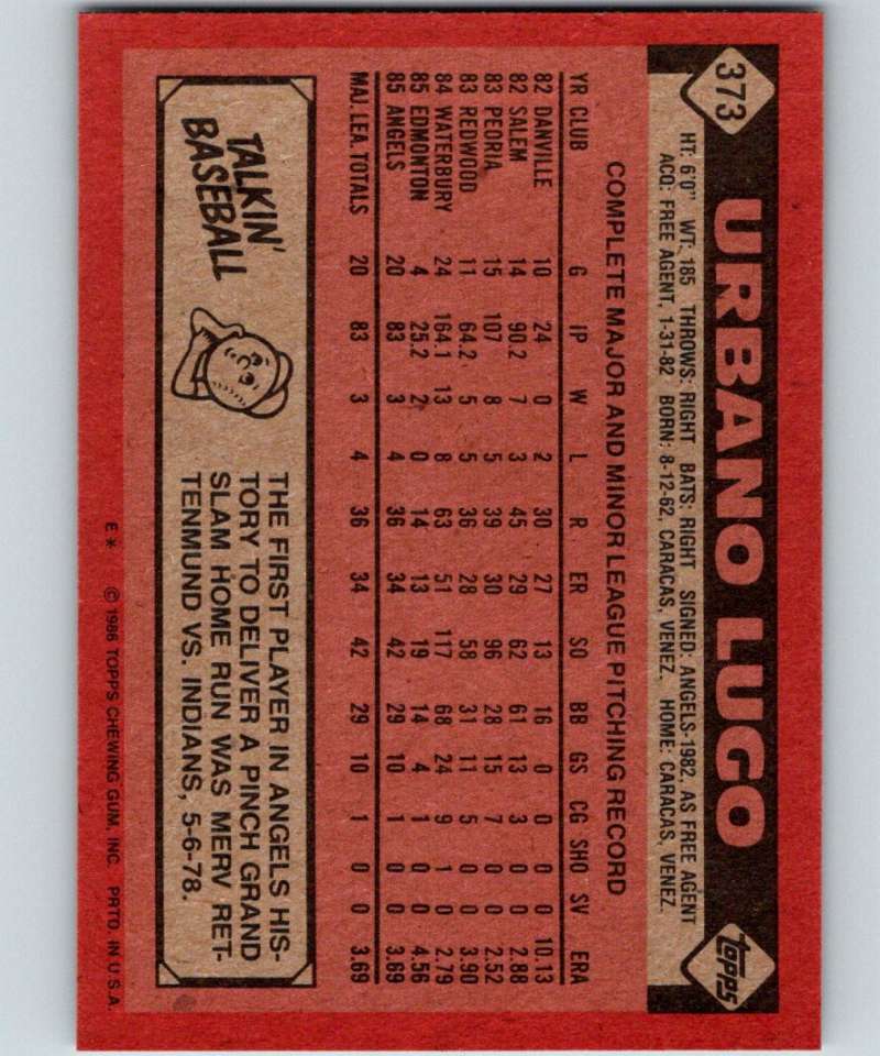 1986 Topps #373 Urbano Lugo RC Rookie Angels MLB Baseball