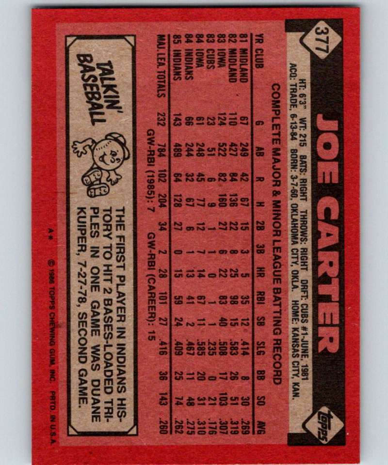 1986 Topps #377 Joe Carter Indians MLB Baseball