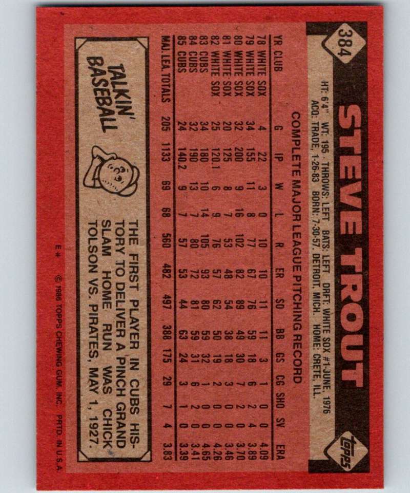1986 Topps #384 Steve Trout Cubs MLB Baseball Image 2