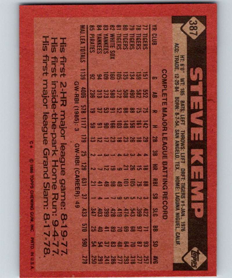 1986 Topps #387 Steve Kemp Pirates MLB Baseball Image 2