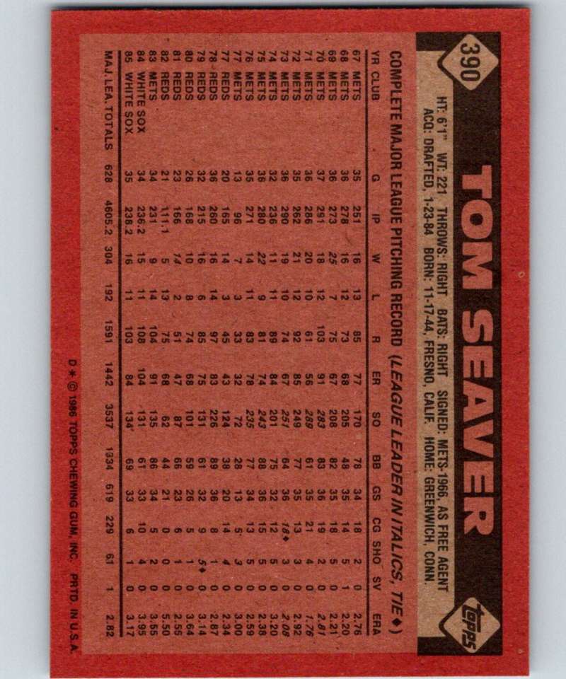1986 Topps #390 Tom Seaver White Sox MLB Baseball