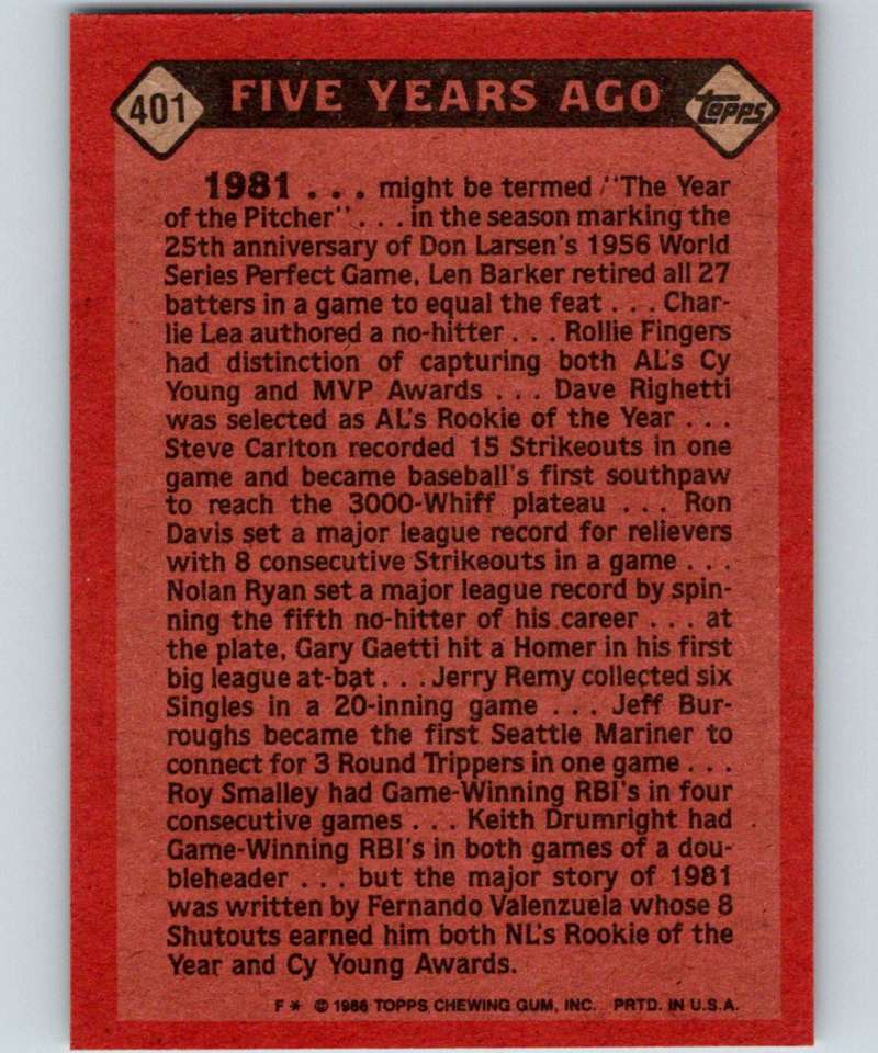 1986 Topps #401 Fernando Valenzuela Dodgers TBTC MLB Baseball Image 2