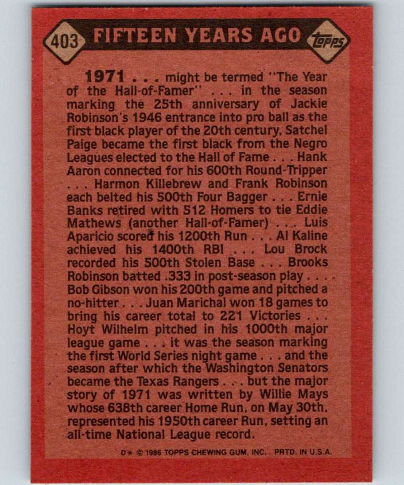 1986 Topps #403 Willie Mays Giants TBTC MLB Baseball Image 2