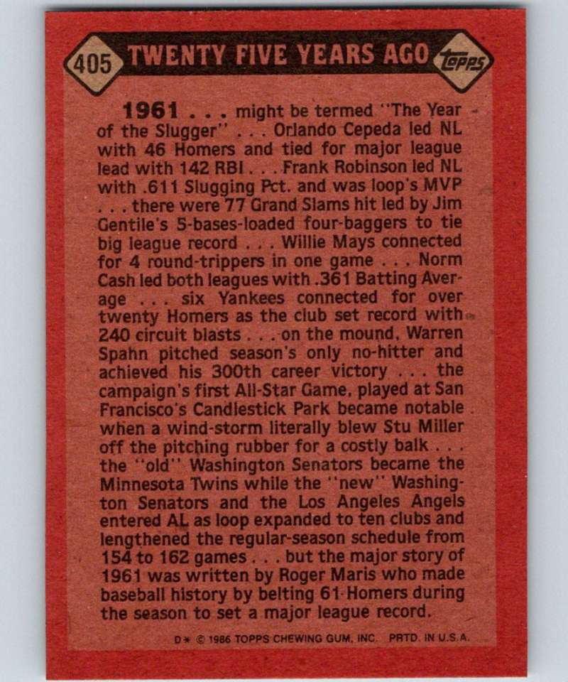 1986 Topps #405 Roger Maris Yankees TBTC MLB Baseball Image 2