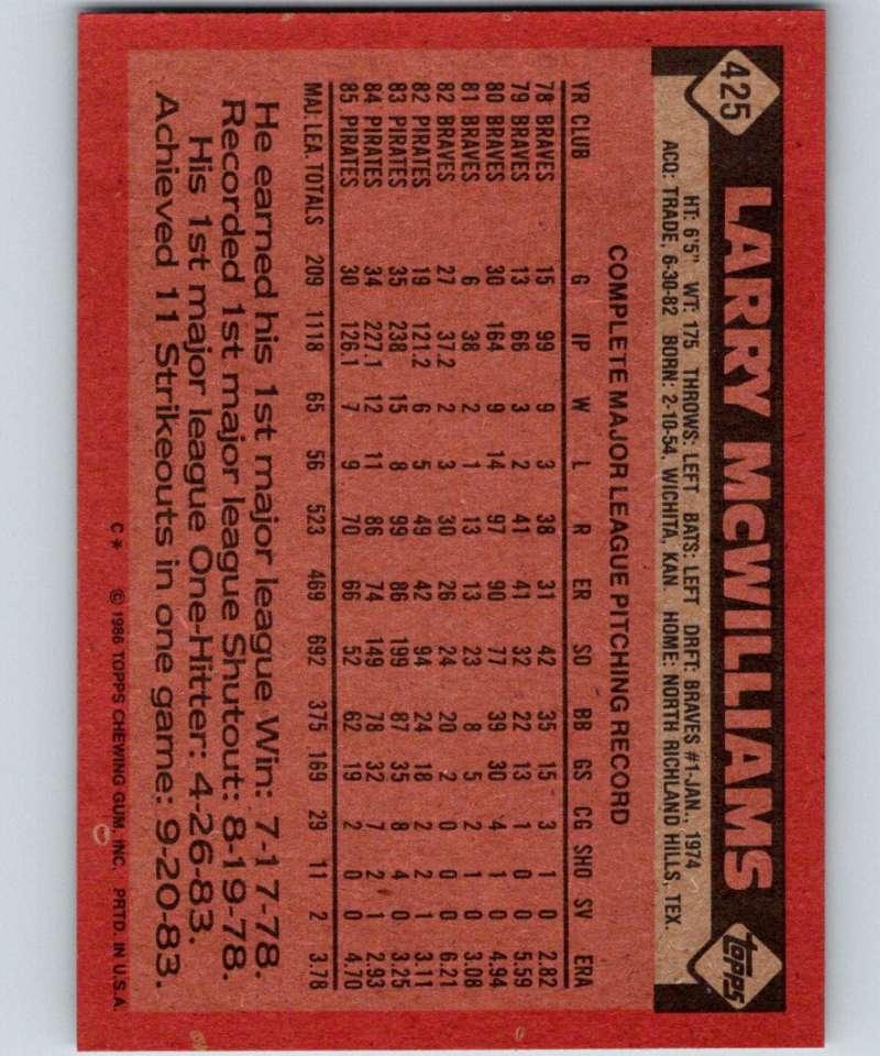 1986 Topps #425 Larry McWilliams Pirates MLB Baseball Image 2