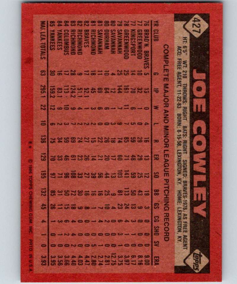 1986 Topps #427 Joe Cowley Yankees MLB Baseball