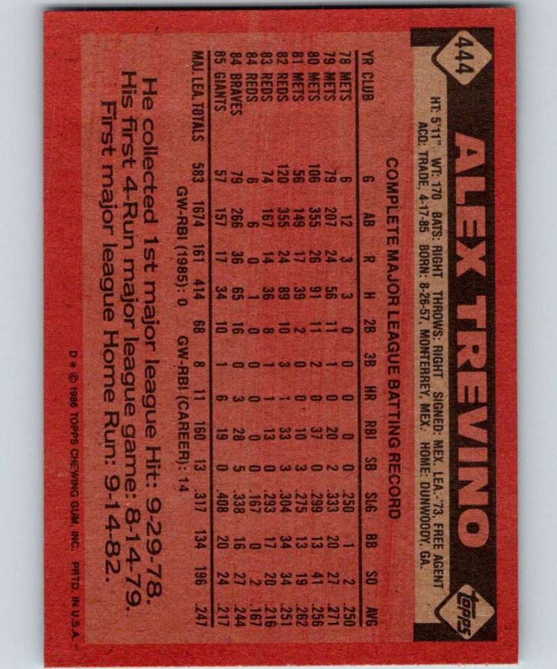 1986 Topps #444 Alex Trevino Giants MLB Baseball Image 2
