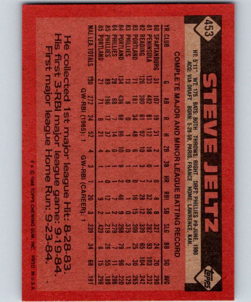 1986 Topps #453 Steve Jeltz Phillies MLB Baseball