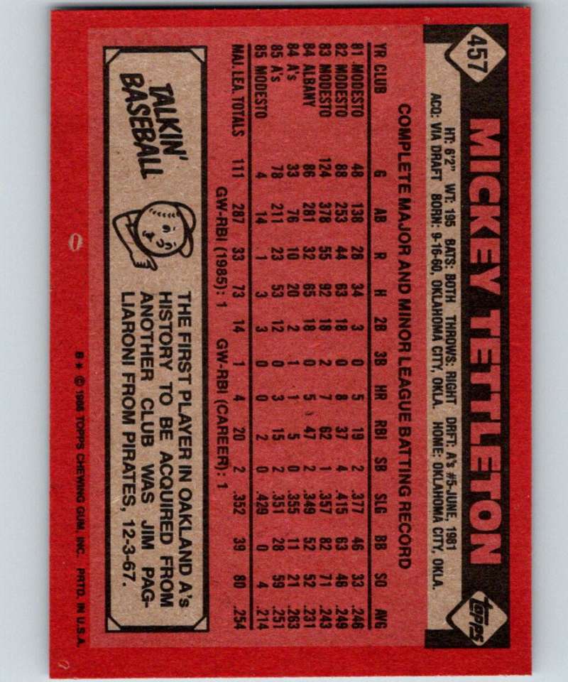 1986 Topps #457 Mickey Tettleton RC Rookie Athletics MLB Baseball
